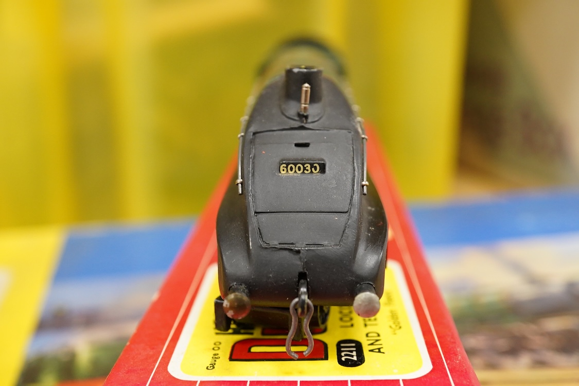 A collection of Hornby Dublo for 2 rail running, including; a boxed BR class A4 4-6-2, Golden Fleece 60030, (2211), together with three boxed bogie coaches and two wagons, plus four unboxed wagons, and a complete box set